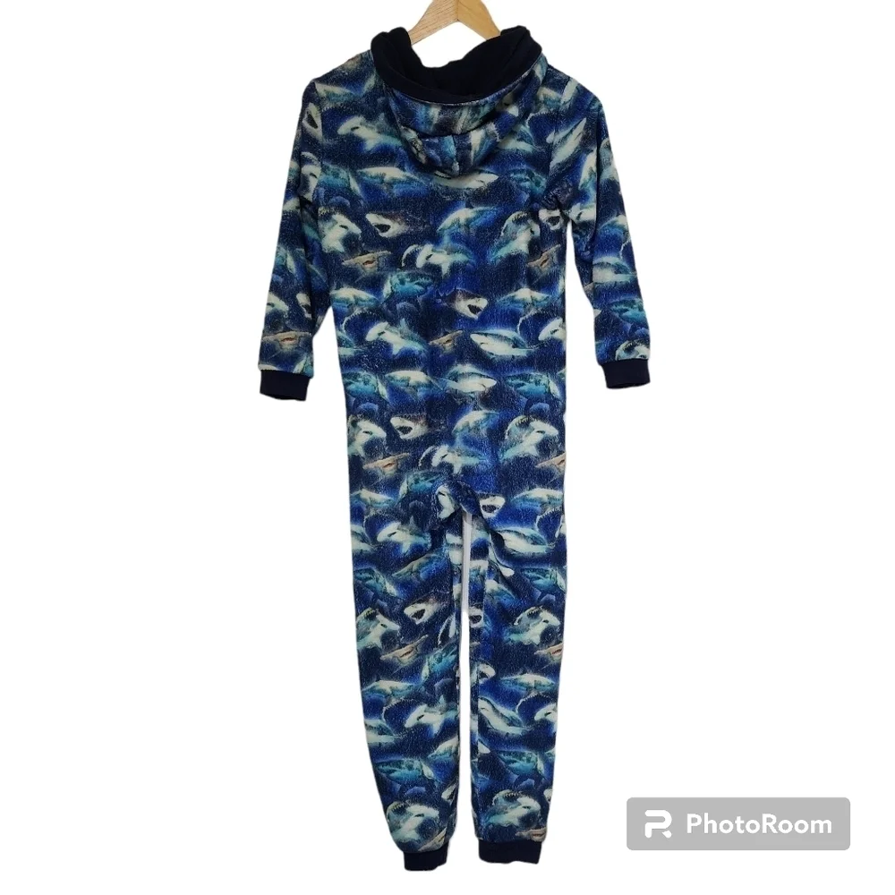 Children's Place Hooded full length zip up onesie shark pajama Size L 10/12